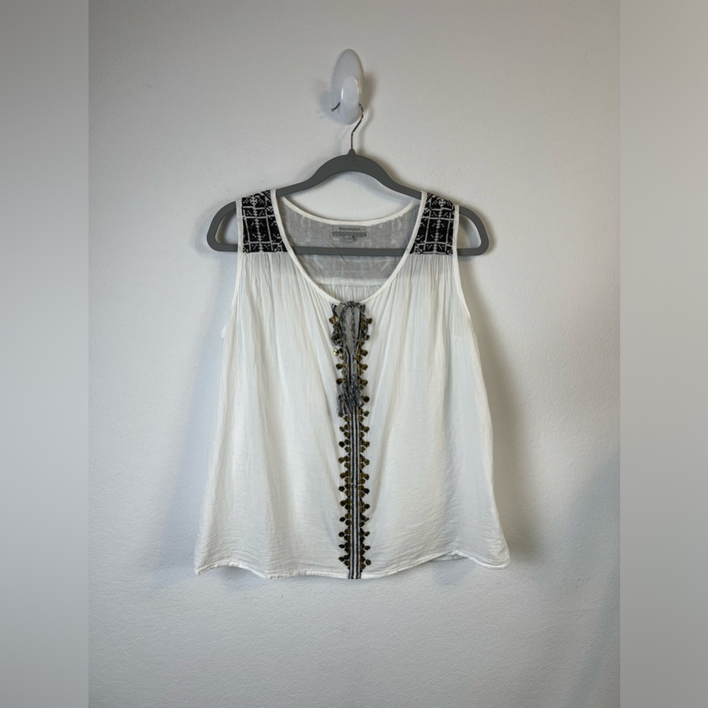 World Market Brass Beads and Embroidered White Black Cotton Boho Hippie Tank Top